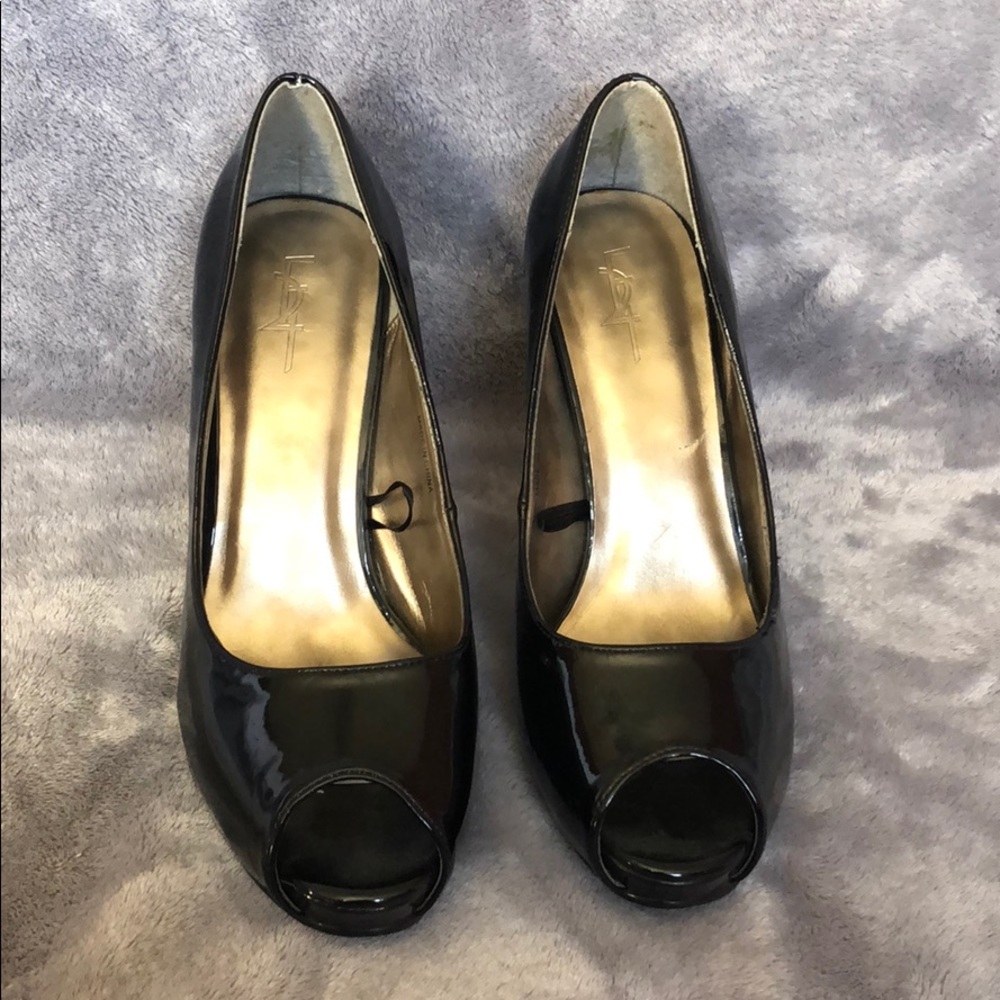 Dressy shiny black peep toe heels